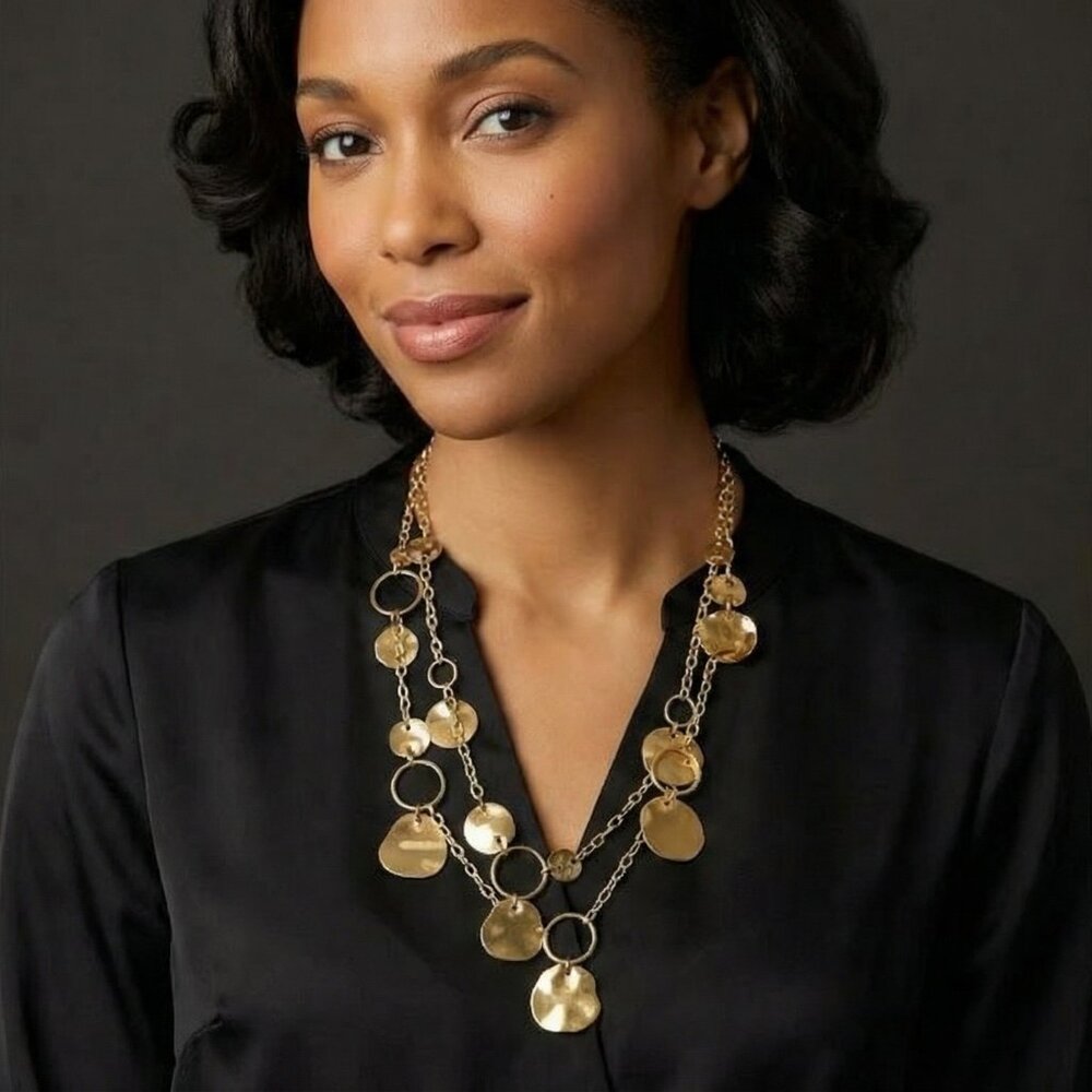 Gold Tone Layered Statement Necklace | Hammered Disc & Ring Link Chain | Boho Ch